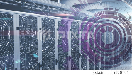 Image of loading circles over circuit board pattern on server racks in server room Image of loading circles over circuit board pattern on server racks in server room 115920194