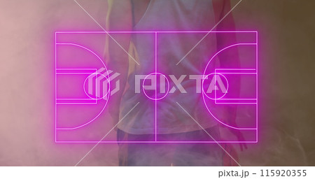 Image of pink basketball court and smoke over african american male basketball player with ball 115920355