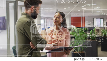 Image of financial data processing over diverse businesspeople in office 115920378