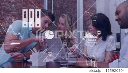 Image of financial data processing over diverse business people in office 115920394