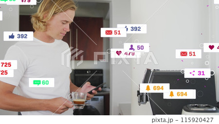 Image of social media text and icons over caucasian man with smartphone at home 115920427