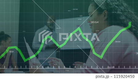 Image of financial data processing over diverse business people in office Image of financial data processing over diverse business people in office 115920450