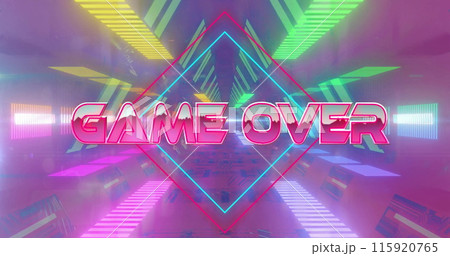 Image of game over text over neon pattern background Image of game over text over neon pattern background 115920765