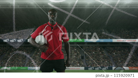 Image of position plan over african american man with rugby ball at stadium Image of position plan over african american man with rugby ball at stadium 115920971