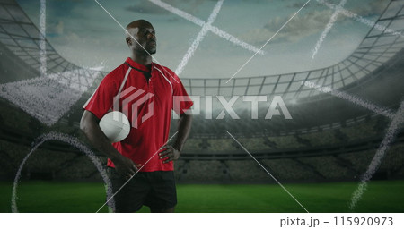 Image of position plan over african american man with rugby ball at stadium Image of position plan over african american man with rugby ball at stadium 115920973