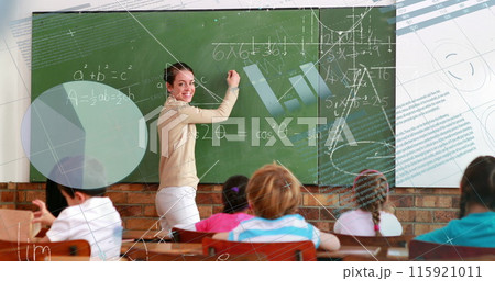 Image of digital interface with data, graphs and equations moving over female maths teacher writing Image of digital interface with data, graphs and equations moving over female maths teacher writing 115921011