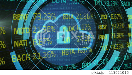 Image of stock market data processing over security padlock and cloud icon on round scanner Image of stock market data processing over security padlock and cloud icon on round scanner 115921016