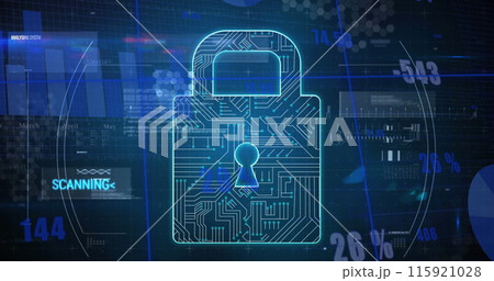 Image of scope scanning over security padlock icon and statistical data processing Image of scope scanning over security padlock icon and statistical data processing 115921028