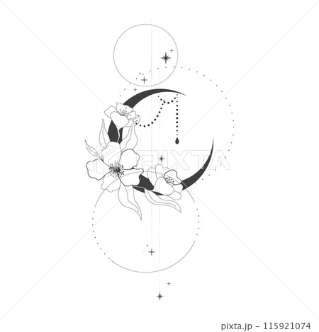 Elegant thin line moon flower contour tattoo, floral spiritual mystic element, Esoteric boho magic illustration, Line, leaves and dors decoration 115921074