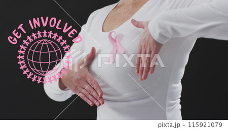 Get involved text banner against mid section of woman wearing pink ribbon on her chest Get involved text banner against mid section of woman wearing pink ribbon on her chest 115921079
