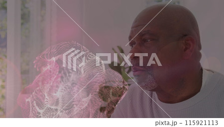 Image of moving white spots over african american man touching his forehead 115921113