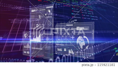 Image of statistics, binary coding and financial data processing over grid 115921181