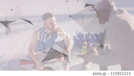 Image of geometrical shapes over african american trainer and caucasian male with running blade 115921213