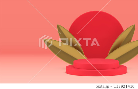 Red luxury 3d podium stage mock up for product presentation realistic vector illustration Red luxury 3d podium stage mock up for product presentation realistic vector illustration 115921410