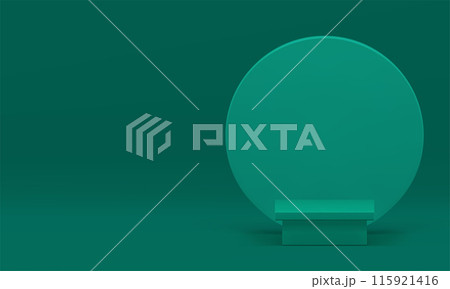 Green 3d squared podium with round wall background for show realistic vector illustration Green 3d squared podium with round wall background for show realistic vector illustration 115921416