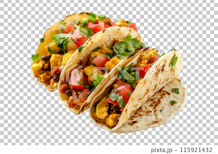 Delicious Mexican Breakfast tacos filled with fresh ingredients like meat, onions, and cilantro 115921432