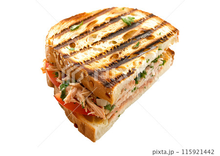 Grilled Tuna Melt panini sandwich on crusty bread isolated on white background 115921442