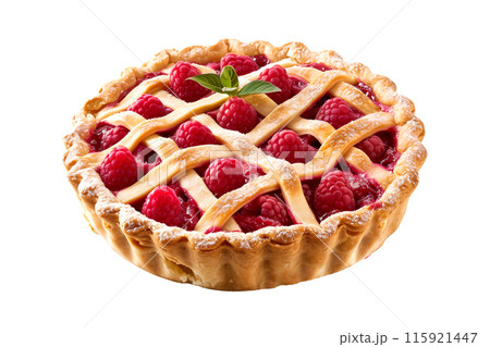 Freshly baked raspberry pie filling a stunning lattice crust isolated on white transparent background Freshly baked raspberry pie filling a stunning lattice crust isolated on white transparent background 115921447
