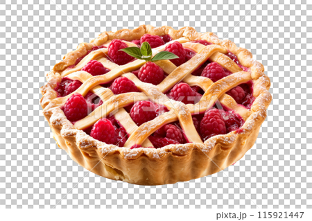 Freshly baked raspberry pie filling a stunning lattice crust isolated on white transparent background Freshly baked raspberry pie filling a stunning lattice crust isolated on white transparent background 115921447