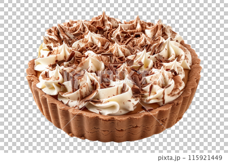 Close-up of a chocolate cream pie featuring a golden crust, zesty lemon filling isolated on white transparent background Close-up of a chocolate cream pie featuring a golden crust, zesty lemon filling isolated on white transparent background 115921449