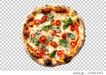 Delicious Italian pizza topped with mushrooms, bell peppers, and spinach, perfect for a healthy meal 115921451