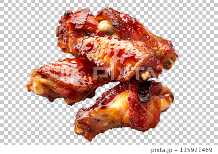 Delicious crispy Maple Bacon chicken wings garnished with fresh cilantro, great for appetizers or main meals Delicious crispy Maple Bacon chicken wings garnished with fresh cilantro, great for appetizers or main meals 115921469