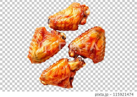 Delicious crispy Fried chicken wings garnished with fresh cilantro, great for appetizers or main meals 115921474