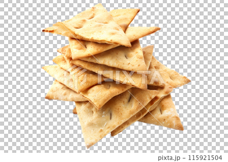A pile of golden, crispy triangle-shaped Pita Chips isolated on transparent, ideal for snacking or appetizers 115921504