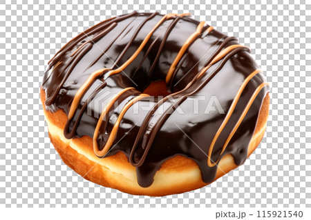 Closeup view of a chocolate glazed donut with chocolate drizzle, isolated on white transparent background 115921540