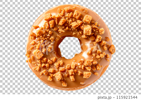 Closeup view of a caramel glazed donut with chocolate drizzle, isolated on white transparent background 115921544