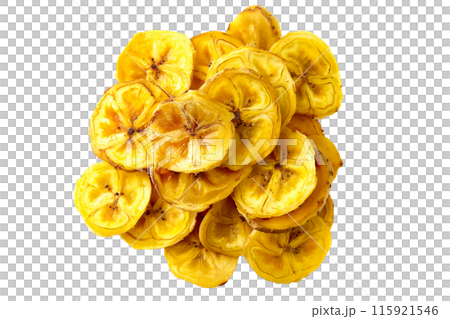 A closeup view pile of crispy banana chips snack isolated on white, perfect for snacking and part of a healthy diet A closeup view pile of crispy banana chips snack isolated on white, perfect for snacking and part of a healthy diet 115921546
