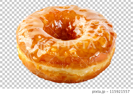 Closeup view of a caramel glazed donut with chocolate drizzle, isolated on white transparent background 115921557