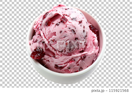 Scoops of sweet and creamy cherry flavored pink ice cream isolated on white transparent background 115921568