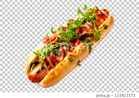 Classic Italian hot dog with ketchup and mustard on a soft bun a isolated on white transparent background 115921572