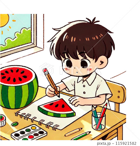 スイカのお絵描きをする児童　夏休みの宿題　Generative AI 115921582