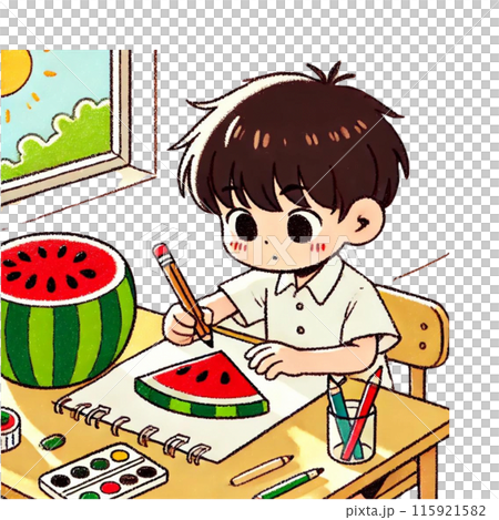 スイカのお絵描きをする児童　夏休みの宿題　Generative AI 115921582