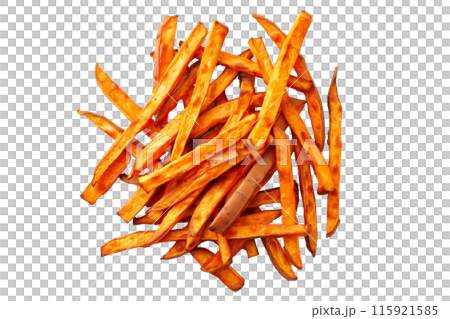 Crispy Sweet Potato French fries isolated on white transparent background, perfect for snacking, quick and tasty treat Crispy Sweet Potato French fries isolated on white transparent background, perfect for snacking, quick and tasty treat 115921585