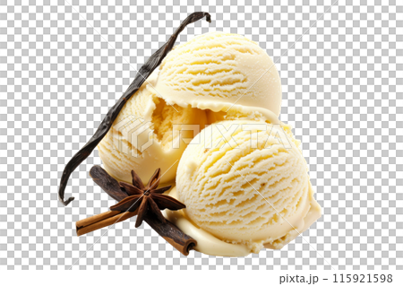 Scoops of sweet and creamy Vanilla flavored ice cream isolated on white transparent background 115921598