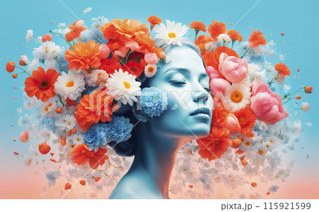 Vibrant floral crown adorns a person against a pastel blue backdrop, evoking a spring fashion concept 115921599