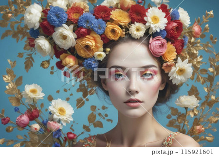 Vibrant floral crown adorns a person against a pastel blue backdrop, evoking a spring fashion concept 115921601