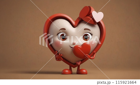 A cheerful, red heart character with arms and a smiling face stands against a brown background. 115921664