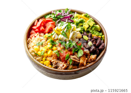 Mexican burrito bowl with fresh vegetables, grains, and jalapenos isolated on white transparent background 115921665