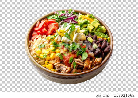 Mexican burrito bowl with fresh vegetables, grains, and jalapenos isolated on white transparent background 115921665
