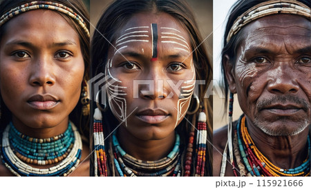 Men with traditional decorations and headwear in a forest. 115921666