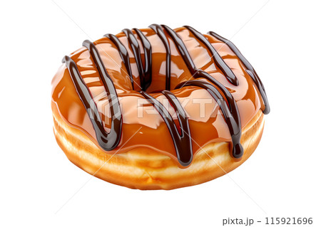Closeup view of a caramel glazed donut with chocolate drizzle, isolated on white transparent background Closeup view of a caramel glazed donut with chocolate drizzle, isolated on white transparent background 115921696