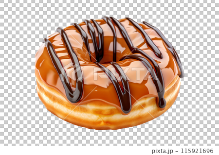 Closeup view of a caramel glazed donut with chocolate drizzle, isolated on white transparent background Closeup view of a caramel glazed donut with chocolate drizzle, isolated on white transparent background 115921696