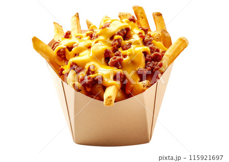Crispy Chili Cheese French fries isolated on white transparent background, perfect for snacking, quick and tasty treat Crispy Chili Cheese French fries isolated on white transparent background, perfect for snacking, quick and tasty treat 115921697