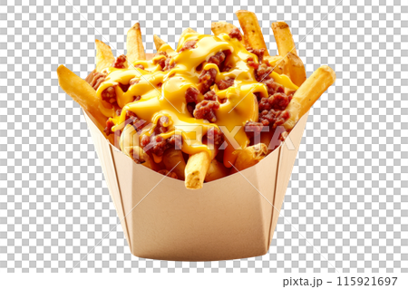 Crispy Chili Cheese French fries isolated on white transparent background, perfect for snacking, quick and tasty treat Crispy Chili Cheese French fries isolated on white transparent background, perfect for snacking, quick and tasty treat 115921697