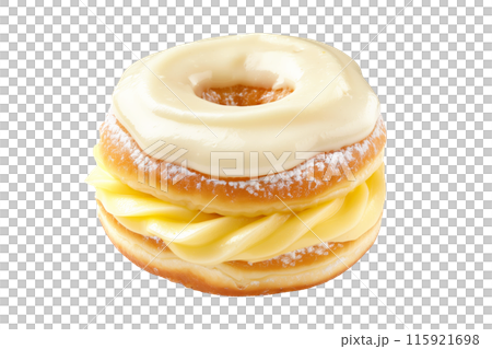 Dessert like Paris Brest isolated on a white transparent background with sugar and almond leaves and almond creme 115921698