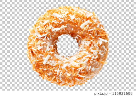Closeup view of a coconut glazed donut with chocolate drizzle, isolated on white transparent background 115921699